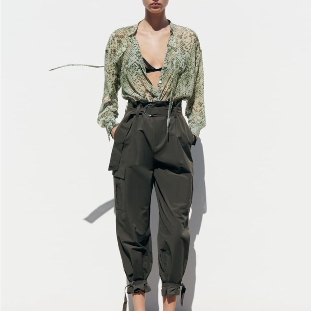 Zara Snake Skin Print Tie Neck Blouse Green L Nwt